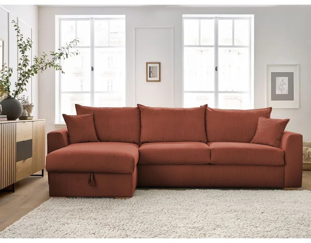 Разтегателен ъглов диван от рипсено кадифе в тухлен цвят (променлив) Augustin – Bobochic Paris