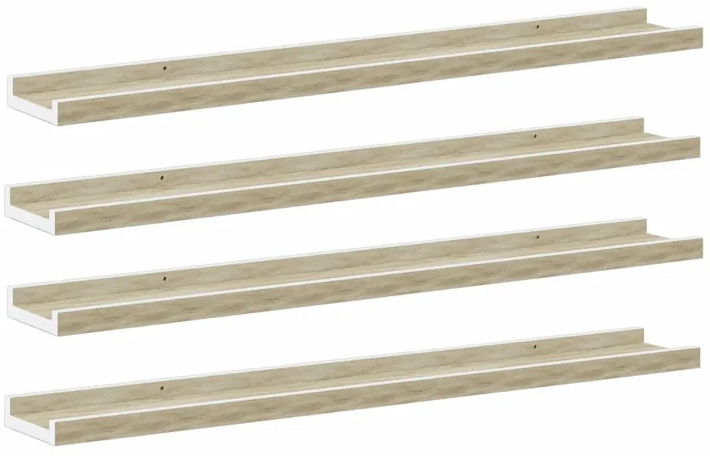 326696 vidaXL Стенни рафтове, 4 бр, бяло и сонома дъб, 80x9x3 см