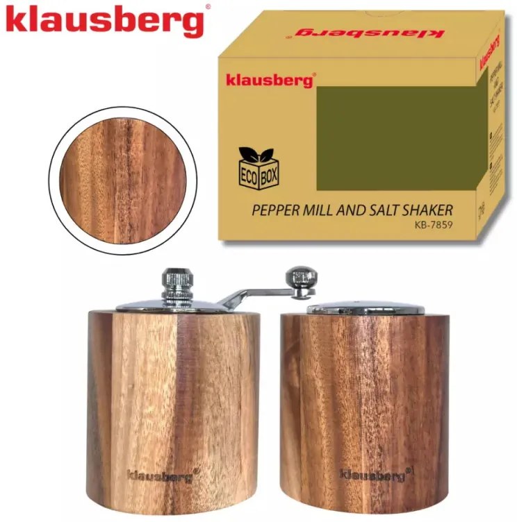 Комплект мелничка за пипер и солница Klausberg KB 7859, Керамичен механизъм, Акациево дърво, Кафяв