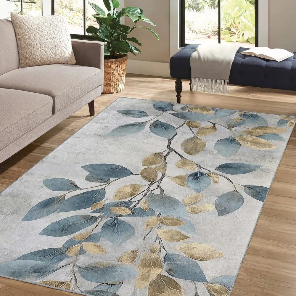 Светлосиньо-златист килим подходящ за пране 120x180 cm Golden Leaves – Mila Home
