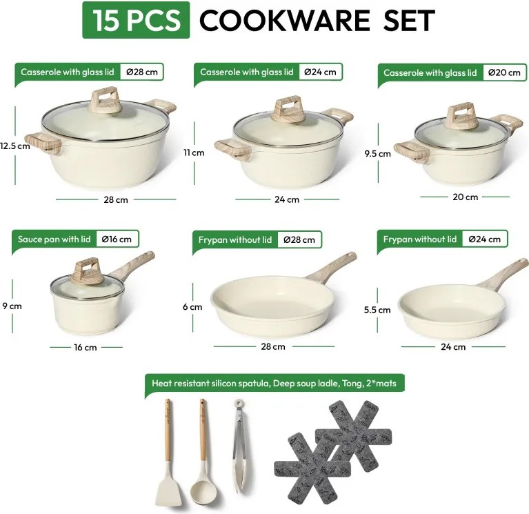 Разопакован: Комплект тенджери и тигани Just Perfecto JL-28, 15 ч, Отливка, Мраморно покритие, Индукция, Аксесоари, Бежов