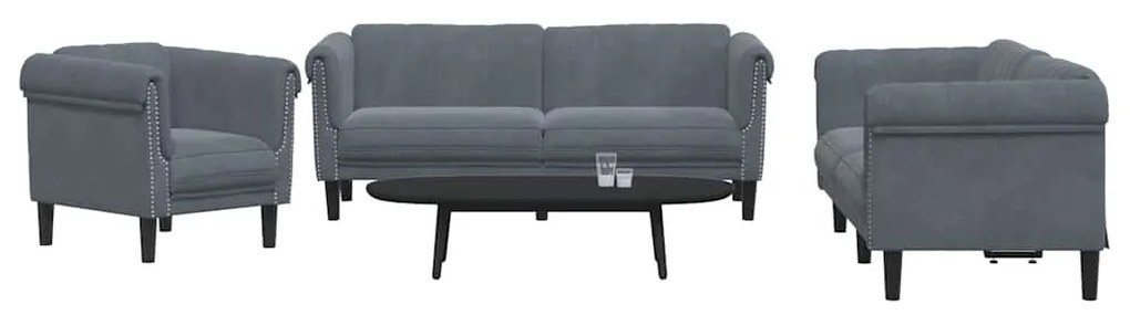 3209210 vidaXL Комплект дивани от 3 части, тъмносиво, кадифе