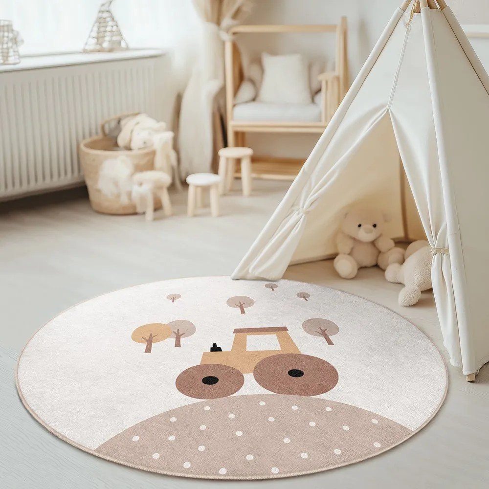 Бежов детски килим подходящ за пране ø150 cm Tractor World – Mila Home