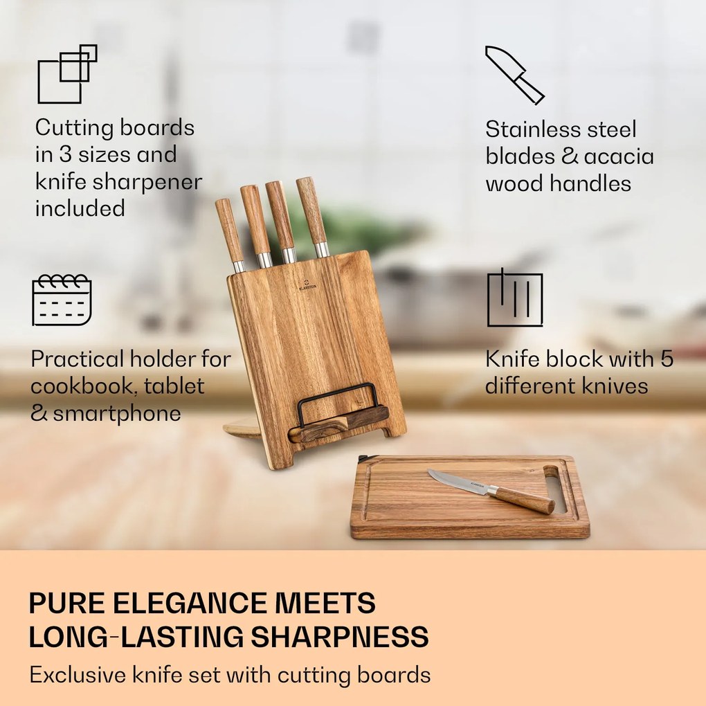 Klarstein Комплект ножове Komaki 8 бр. 5 ножа 3 дъски за рязане Чистачка за ножове Държач за ножове Държач за тава