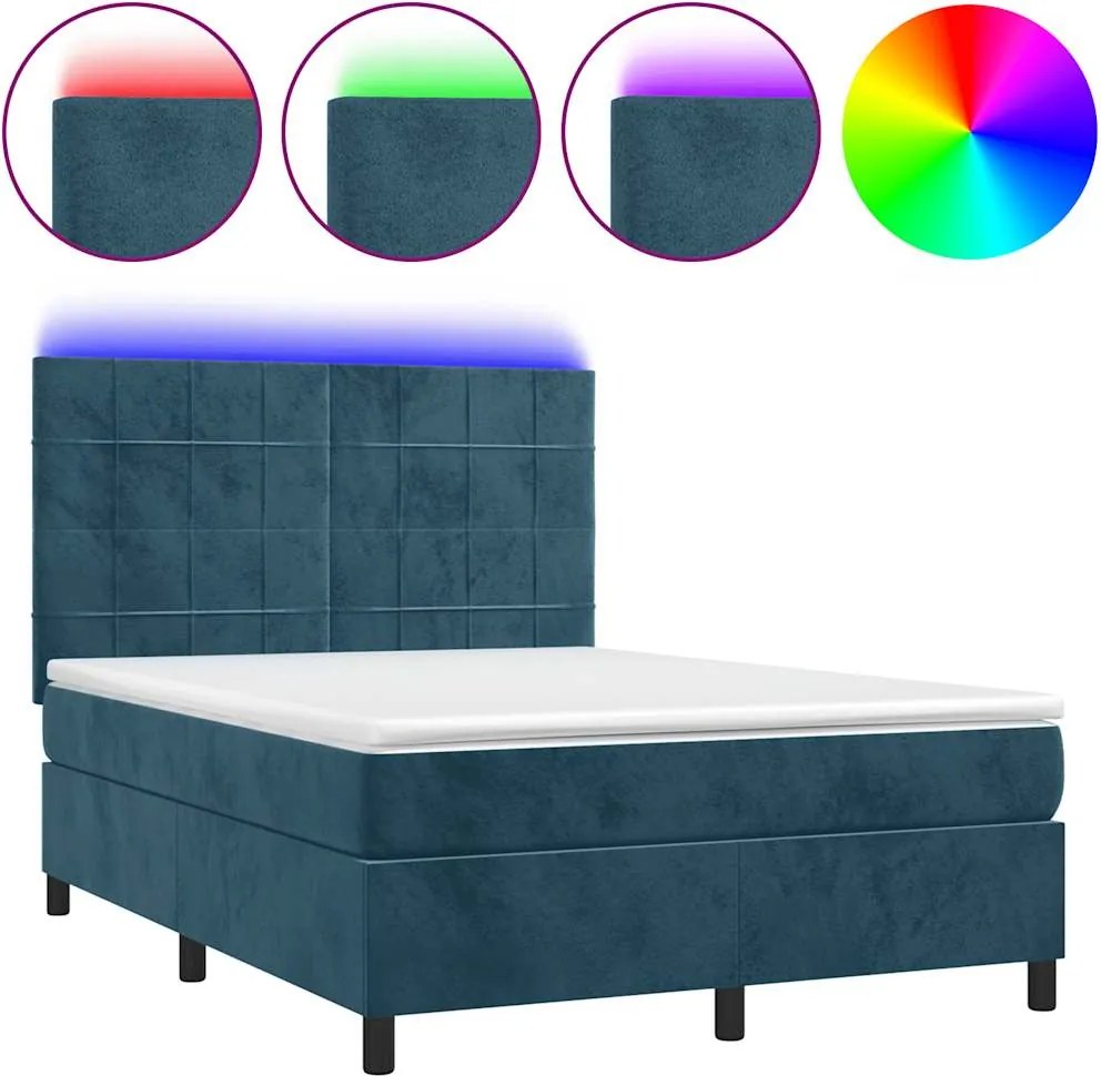 3136129 vidaXL Боксспринг легло с матрак и LED, тъмносиньо, 140x200 см, кадифе