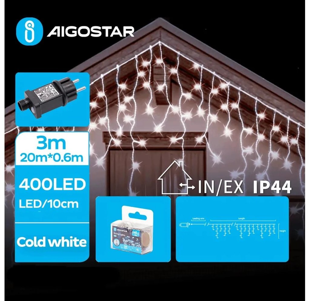 Aigostar - LED Екстериорни Коледни лампички 400xLED/8 функции 23x0,6m IP44 студено бял