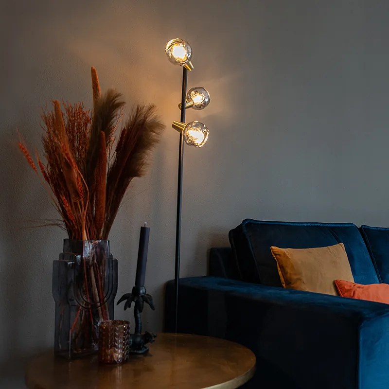 Подова лампа в стил арт деко черна и златиста с опушено стъкло 3-светлина - Vidro