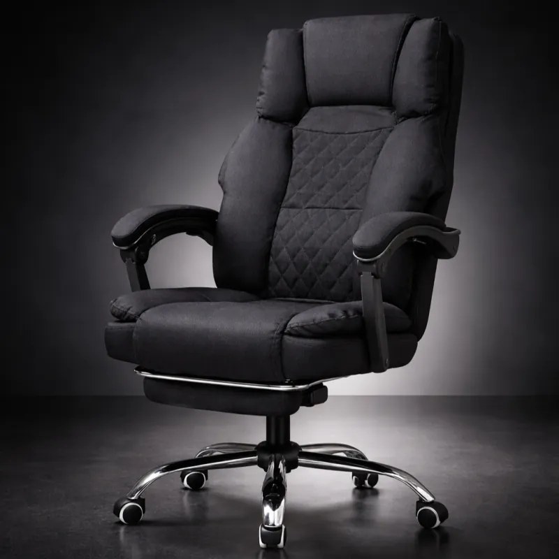 Ергономичен офис стол с подложка за крака и масаж - черна тъкан