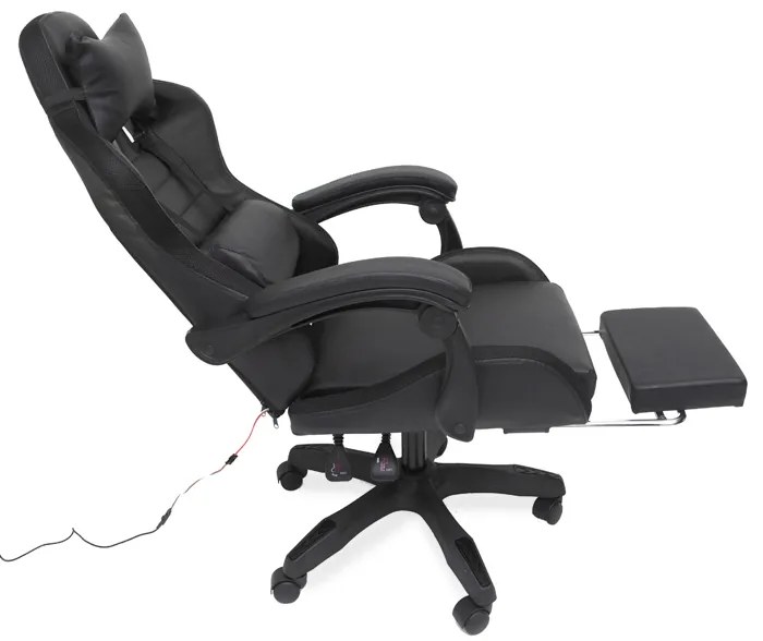 LED геймърски стол със сгъваема поставка за крака и функция за масаж - черен