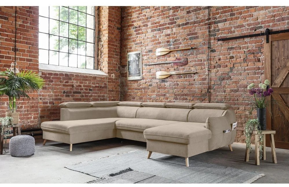 Бежов кадифен ъглов разтегателен диван във формата "U" (ляв ъгъл) Sweet Harmony - Miuform