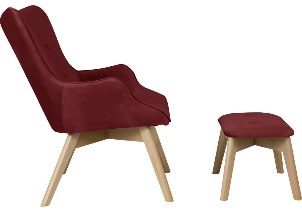 Червен кадифен фотьойл с табуретка Niko – Ropez