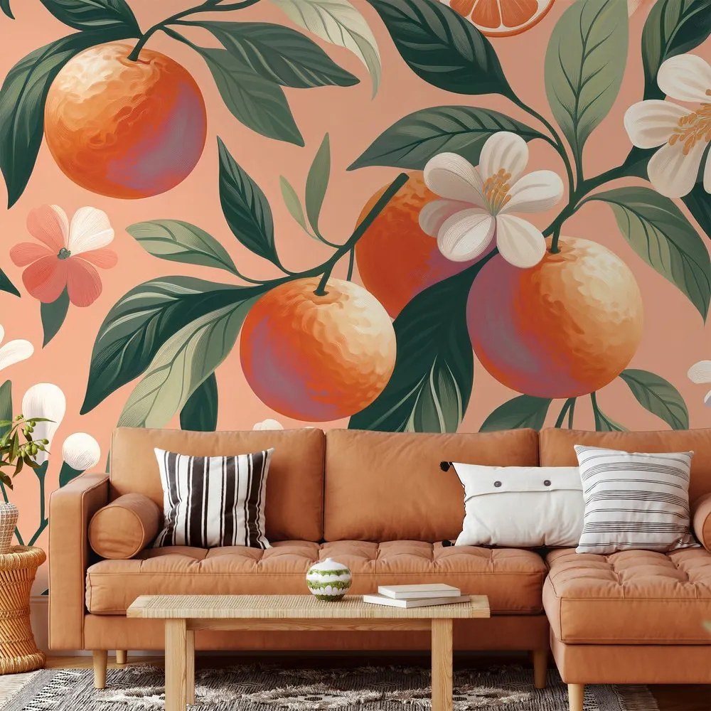 Тапет – Портокали и цветя на кайсиев фон