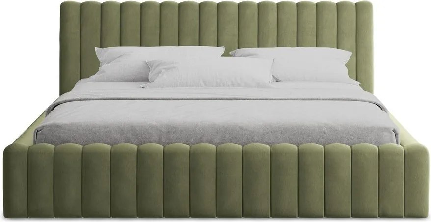 Зелено двойно легло 160x200 cm тапицирано с място за съхранение с включена подматрачна рамка Lemi – Makamii