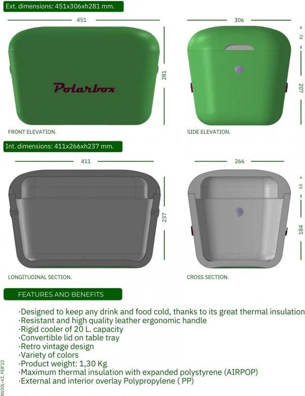 Хладилна чанта Polarbox Classic, 20 литра, AIRPOP полистирол, 5-15C до 24 часа, Класическа кожена каишка, Син/Розов