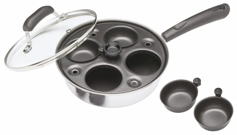 Тиган за яйца бенедикт KitchenCraft KCPOACH4, 21 см, 5 л, Капак, 4 сваляеми форми, Функция дълбок тиган, Индукция, Инокс/сребрист