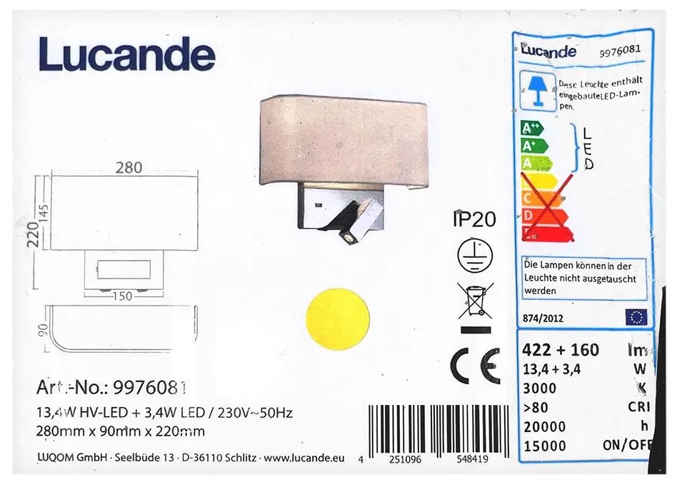 Lucande - LED Аплик VIRVE 1XLED/13,4W/230V + 1xLED/3,4W/230V