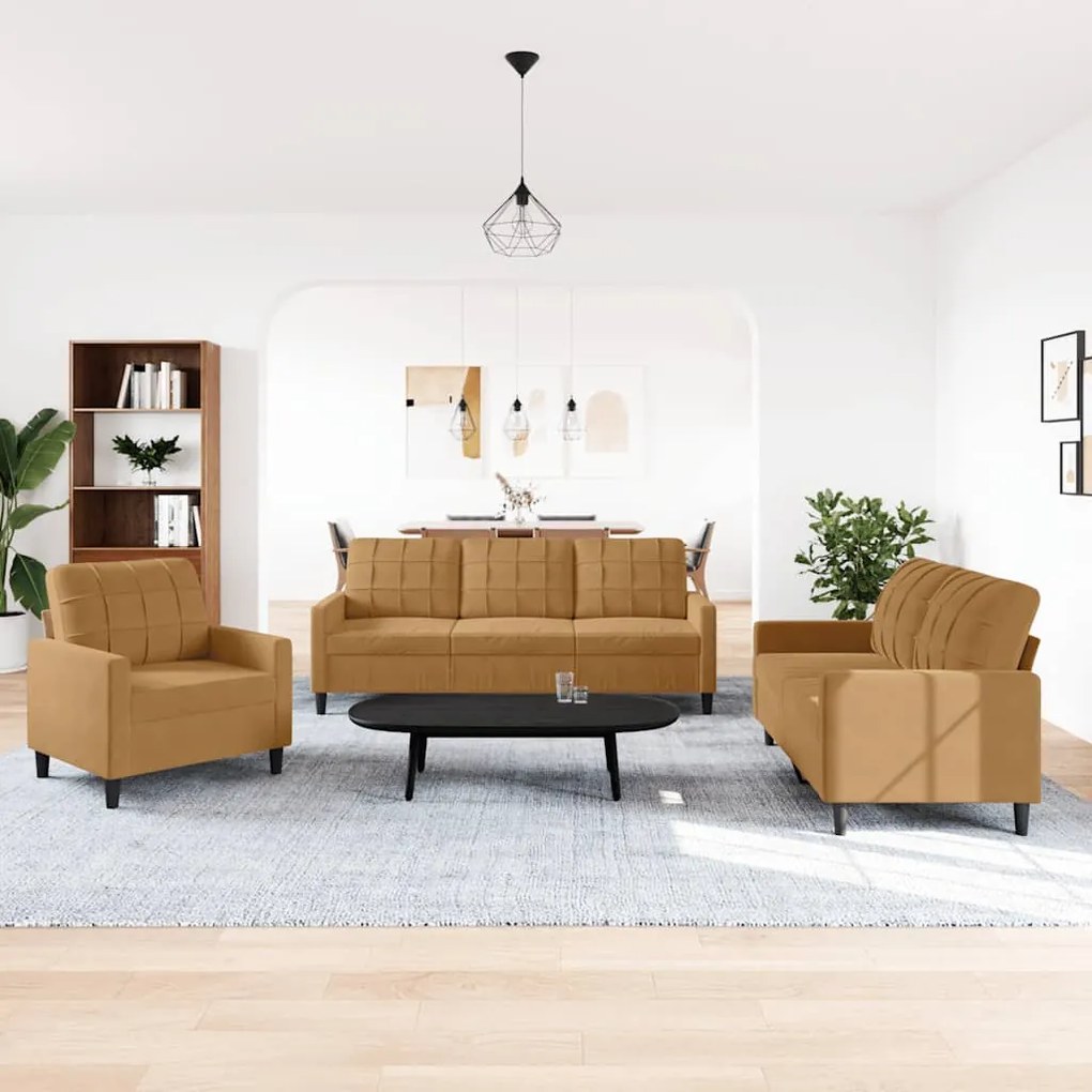 3278358 vidaXL Комплект дивани от 3 части с възглавници, кафяв, кадифе