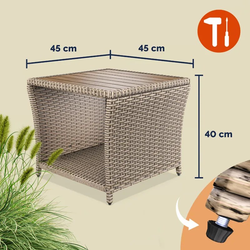 Странична маса от полиротанг с плот от акациева дървесина 45 × 45 cm Кремообразно
