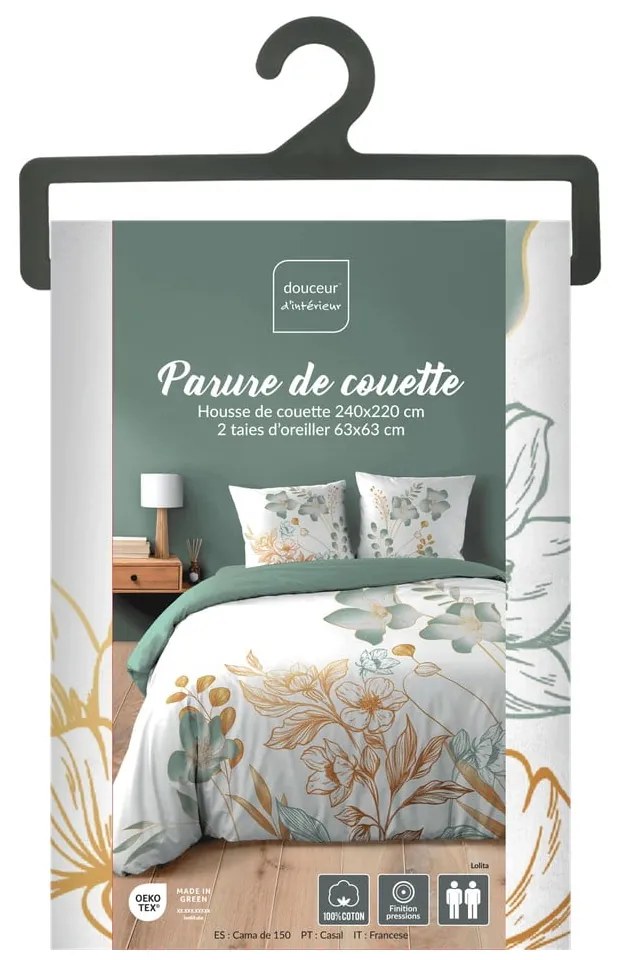 Бяло/зелено двойно удължено памучно спално бельо 240x220 cm Lolita – douceur d'intérieur