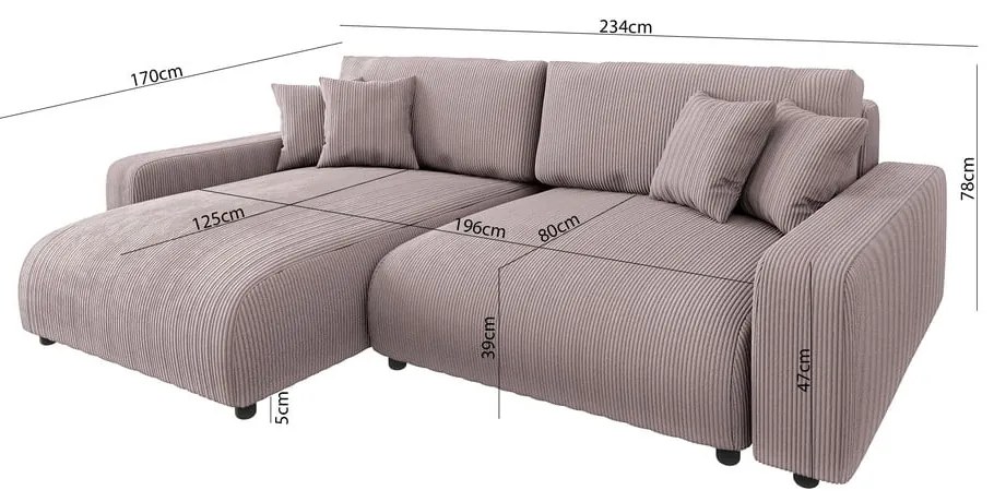 Светлорозов разтегателен ъглов диван от рипсено кадифе (променлив) Sara – Ropez