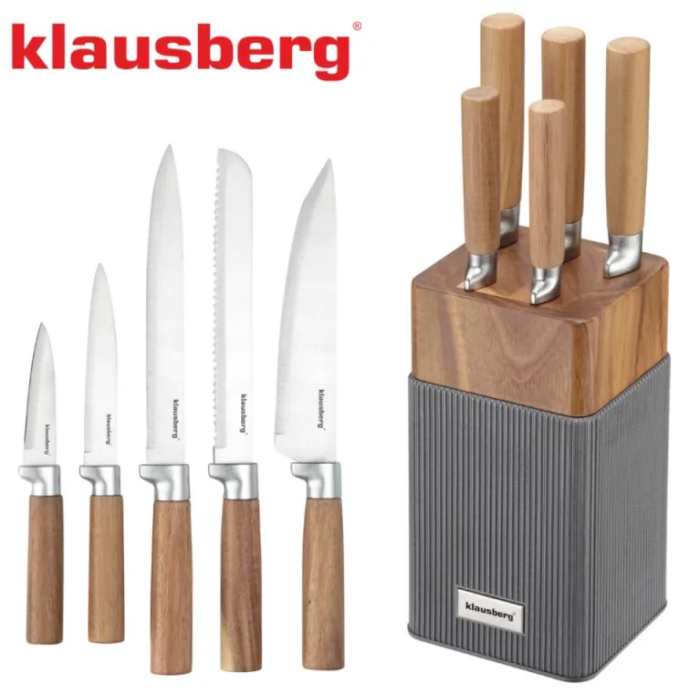 Комплект ножове Klausberg KB 7983, 6 части, Неръждаема стомана, Стойка от акациево дърво, Кафяв/графит
