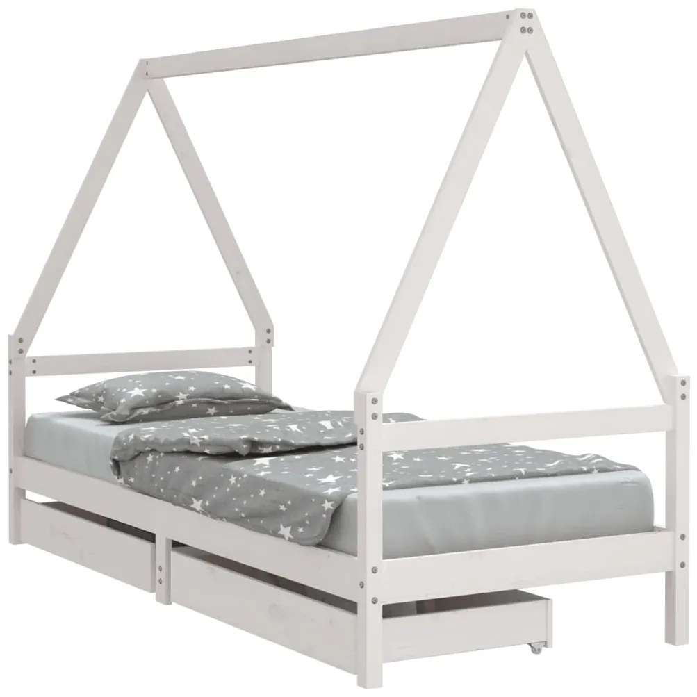 834469 vidaXL Рамка за детско легло с чекмеджета, бяла, 90x200 см, бор масив
