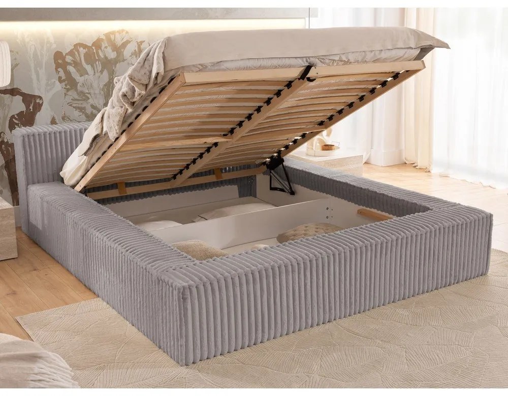 Сиво двойно тапицирано легло с място за съхранение и включена подматрачна рамка 140x200 cm Cloe – Ropez