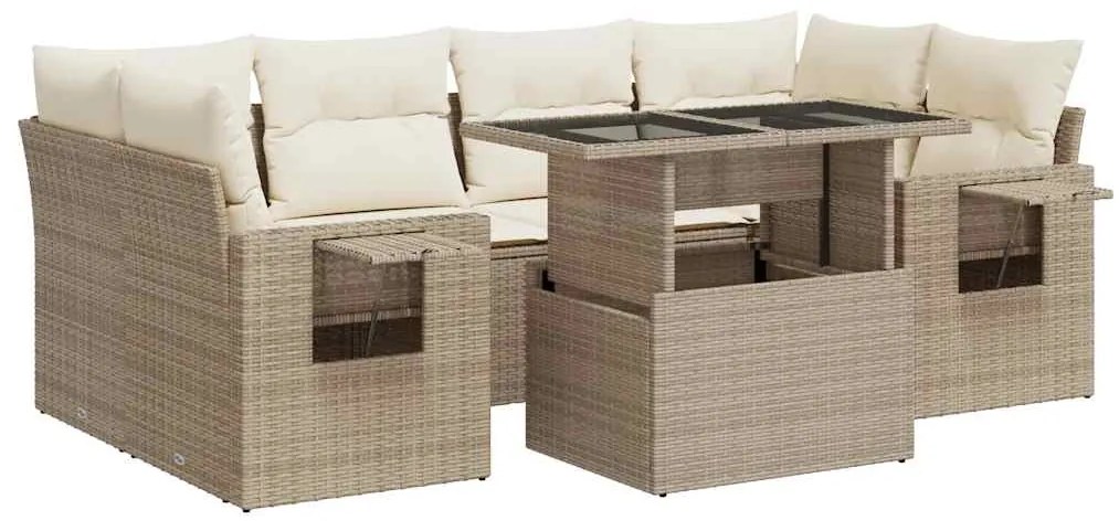 3326429 vidaXL Градински диван с възглавници, 7 части, бежов полиратан
