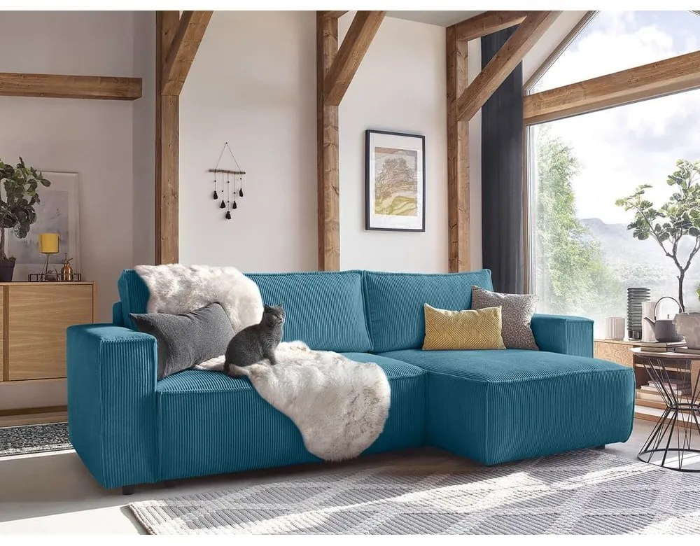 Тюркоаз сгъваем ъглов диван от рипсено кадифе Nihad – Bobochic Paris