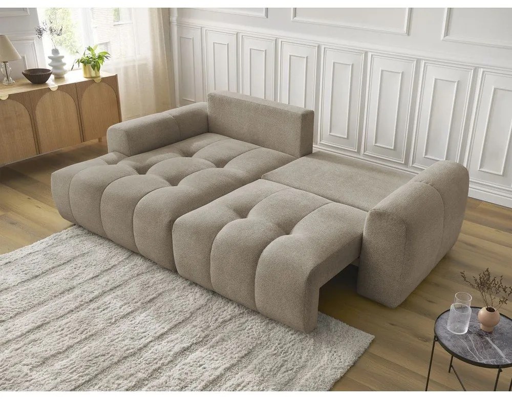 Бежов шенилов разтегателен ъглов диван с място за съхранение (ляв ъгъл) Roxelane – Bobochic Paris