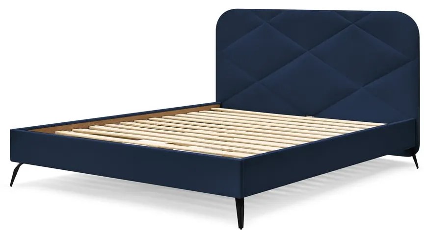 Тъмносиньо тапицирано двойно легло с включена подматрачна рамка 140x190 cm Prune – Bobochic Paris