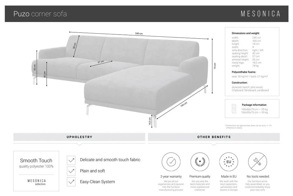 Антрацитно сив ъглов диван , ляв ъгъл Puzo - MESONICA