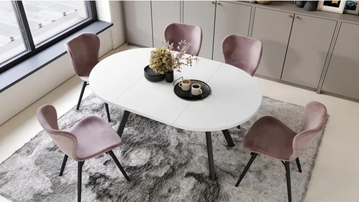 АЛMО Бял мат/черни крака - КРЪГЛА РАЗТЕГАТЕЛНА МАСА С Y-ОБРАЗНИ КРАКА В ЛОФТ/ИНДУСТРИАЛЕН СТИЛ ЗА ХОЛ ИЛИ ТРАПЕЗАРИЯ