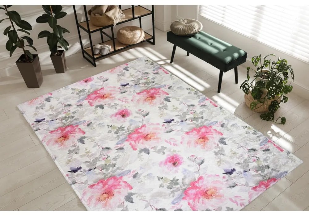 Килим подходящ за пране в розово и цвят слонова кост 80x200 cm Pink Garden – Vitaus