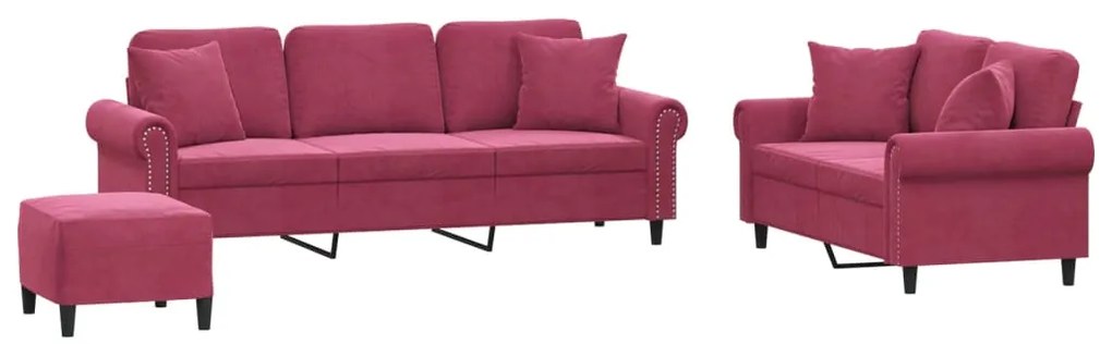 3202284 vidaXL Комплект дивани 3 части с възглавници, виненочервен, кадифе