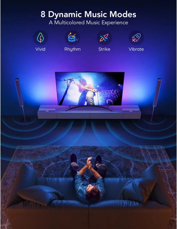 Комплект 2 Smart LED лампи за телевизор Govee H6046 RGBIC, 24W, Адресируеми цветни сегменти, Wi-Fi, Bluetooth, Govee Home, Черен