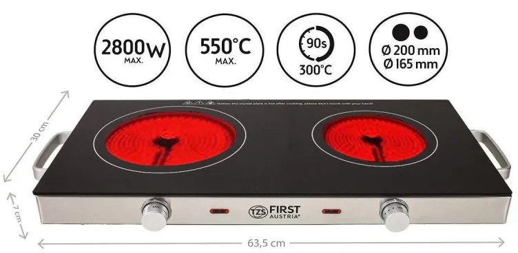 Двоен инфрачервен котлон FIRST FA-5096-7, 2800W, До 300C, Термостат, Стъклокерамика, Черен/инокс