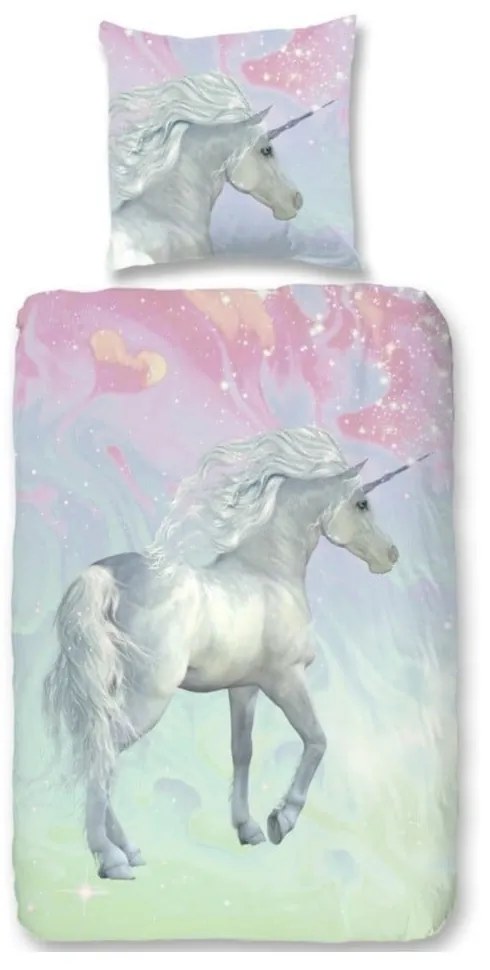 Детско памучно спално бельо Зелен еднорог, 140 x 200 cm - Good Morning