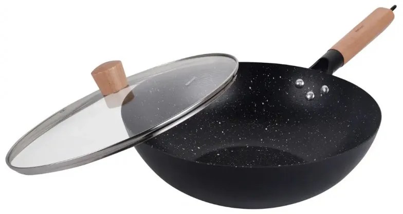 Уок тиган Kinghoff KH 1984, 30 см, Стъклен капак с отвор за пара, Мраморно покритие, Индукция, Черен