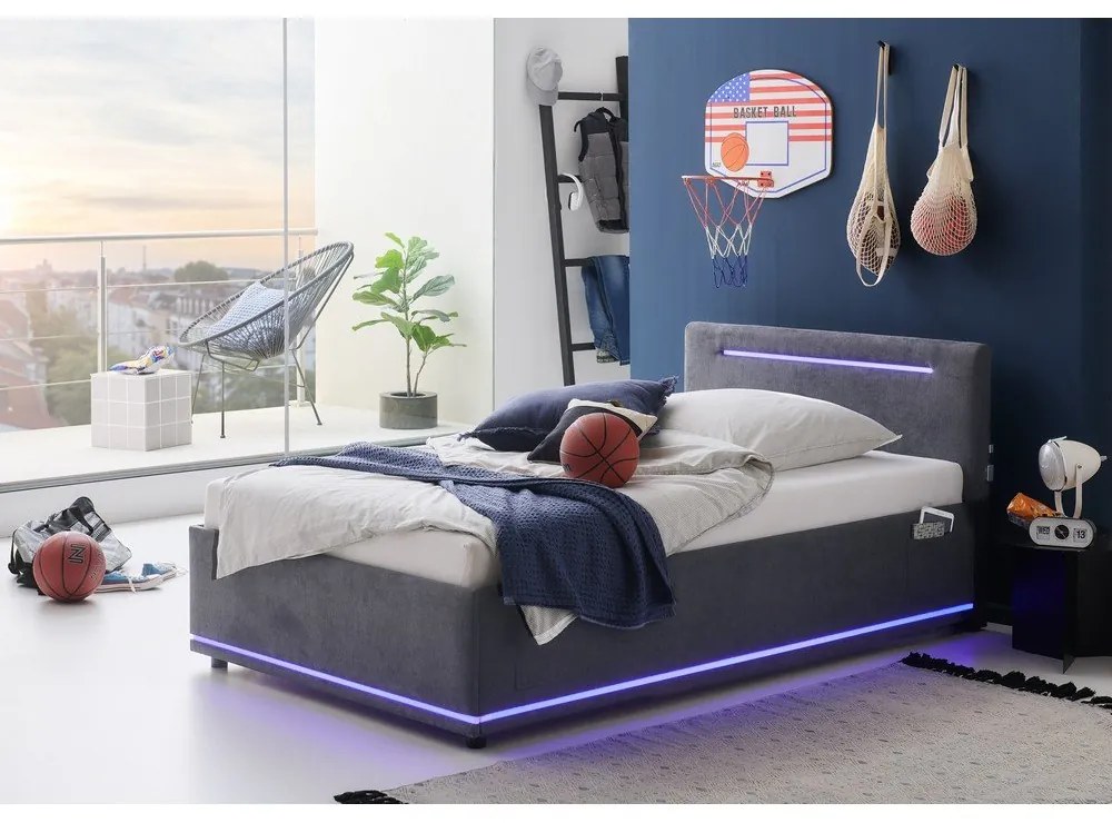 Тъмносиво тапицирано детско легло 120x200 cm с място за съхранение с включена подматрачна рамка Circle – Meise Möbel