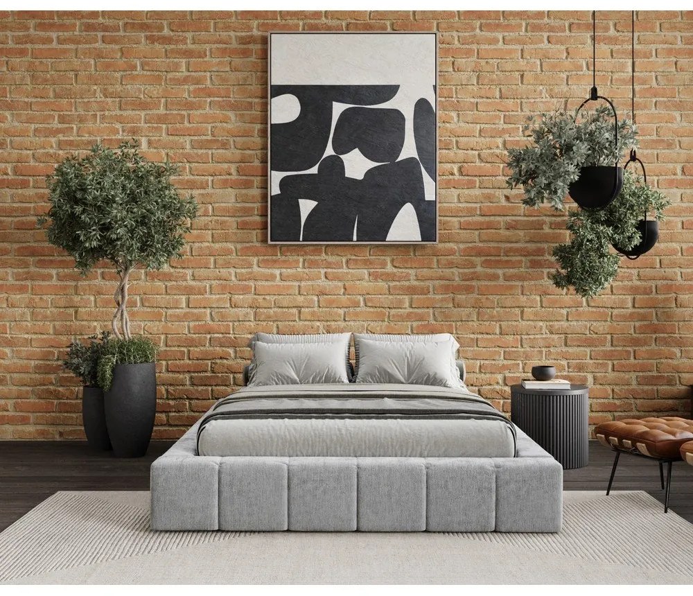 Светлосиво тапицирано двойно легло с място за съхранение с включена подматрачна рамка 160x200 cm Aruba L – Maison de Rêve