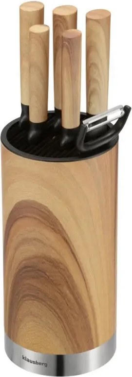 Комплект кухненски ножове Klausberg KB 9036, 7 ч, Неръждаема стомана, Дървесен ефект, Стойка, Кафяв