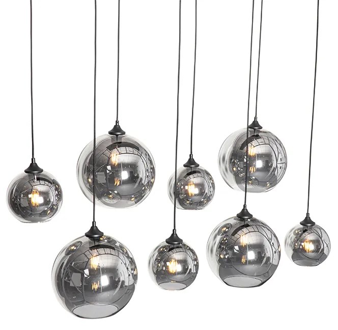 Арт Деко висяща лампа черна с опушено стъкло 8-светлина - Sandra