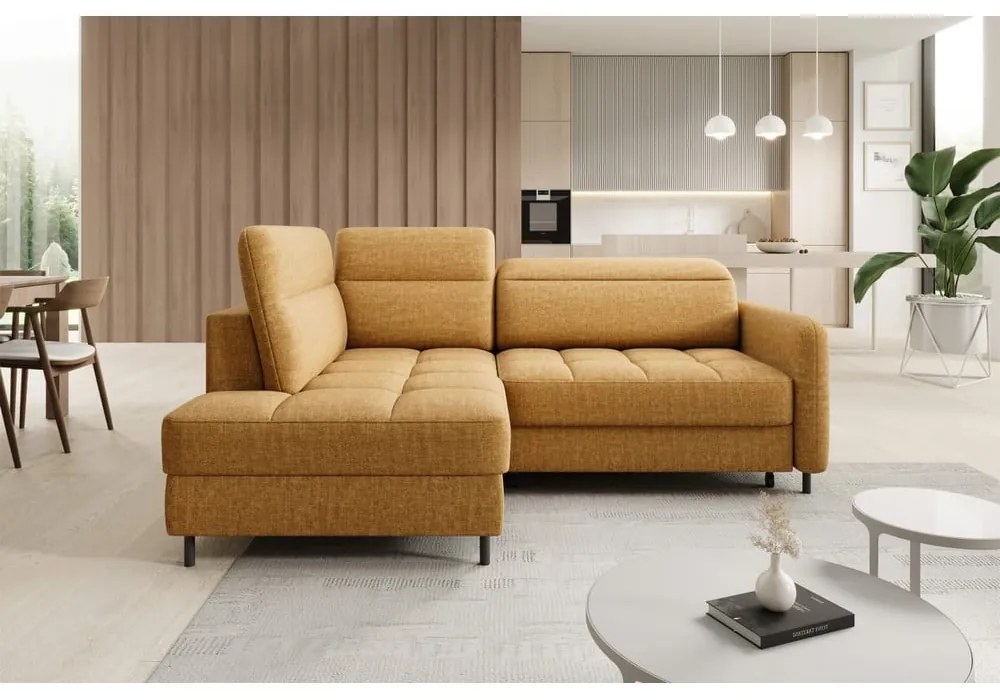 Жълт кадифен разтегателен ъглов диван с място за съхранение (ляв ъгъл L форма) Barea – ELTAP