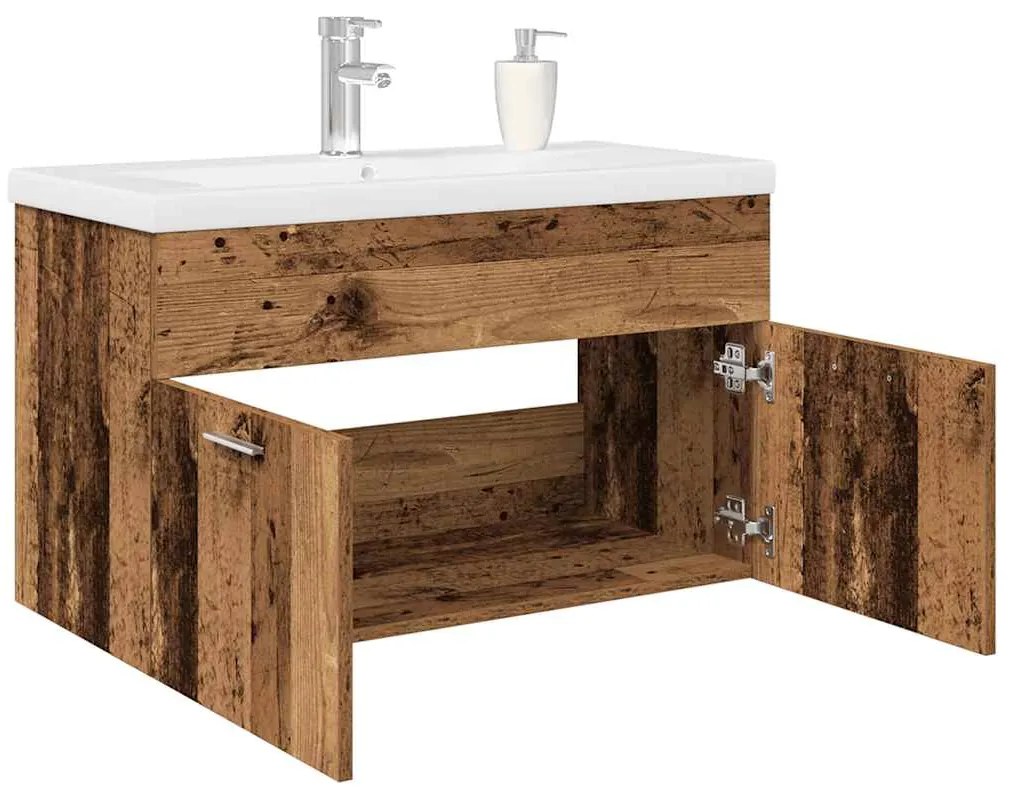 3328907 vidaXL шкаф за мивка с вграден басейн и смесител Старо дърво