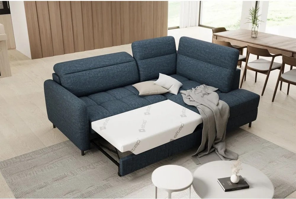 Син кадифен разтегателен ъглов диван с място за съхранение (десен ъгъл L форма) Barea – ELTAP