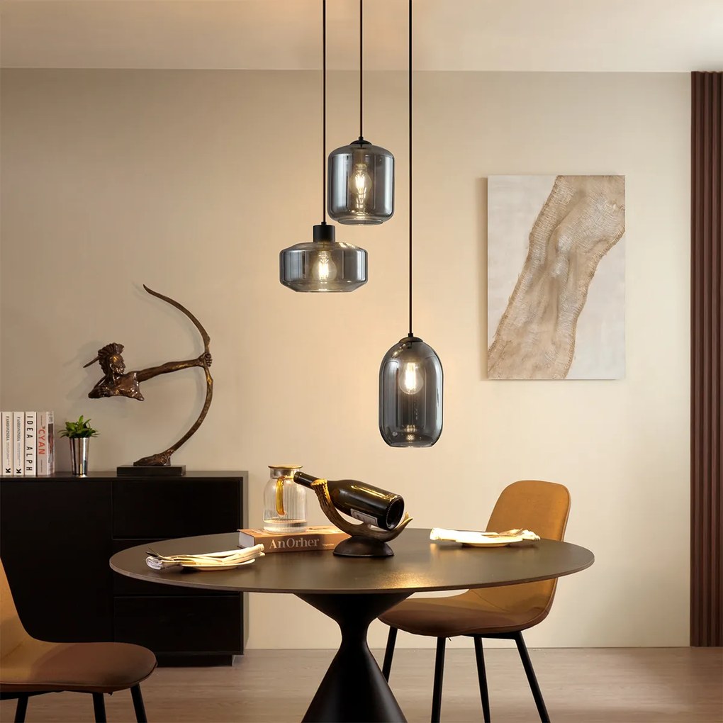 Модерен висящa лампa черен с димно стъкло 3 светлини - Sheena