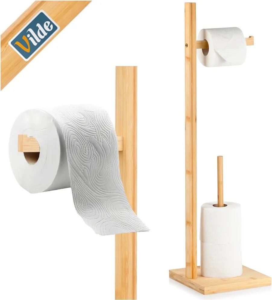 Стойка за тоалетна хартия с място за резервни ролки, бамбук 70см