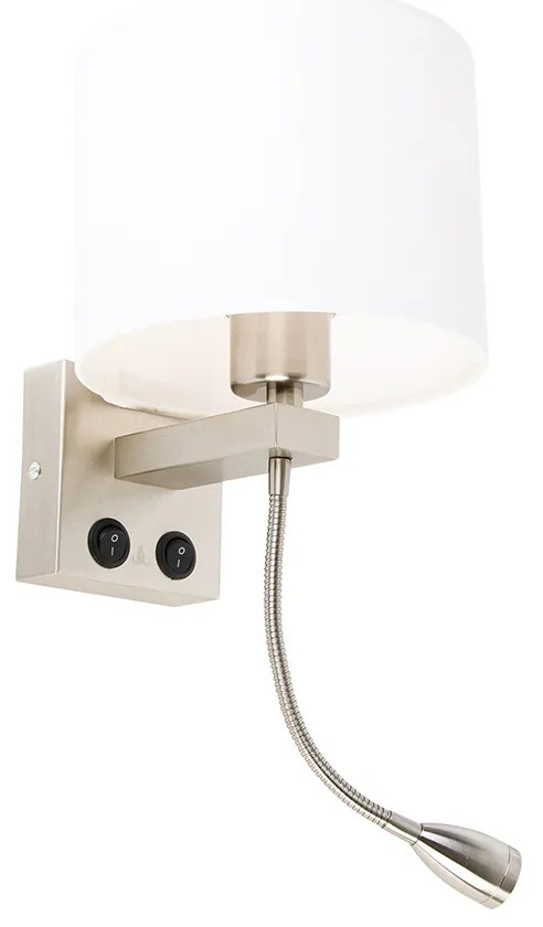 Стенна лампа стомана с гъвкава ръка и бял абажур 18 см - Brescia Combi
