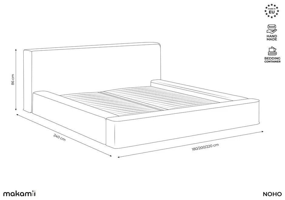 Светлосиво тапицирано двойно легло с място за съхранение и решетка 140x200 cm Noho - Makamii